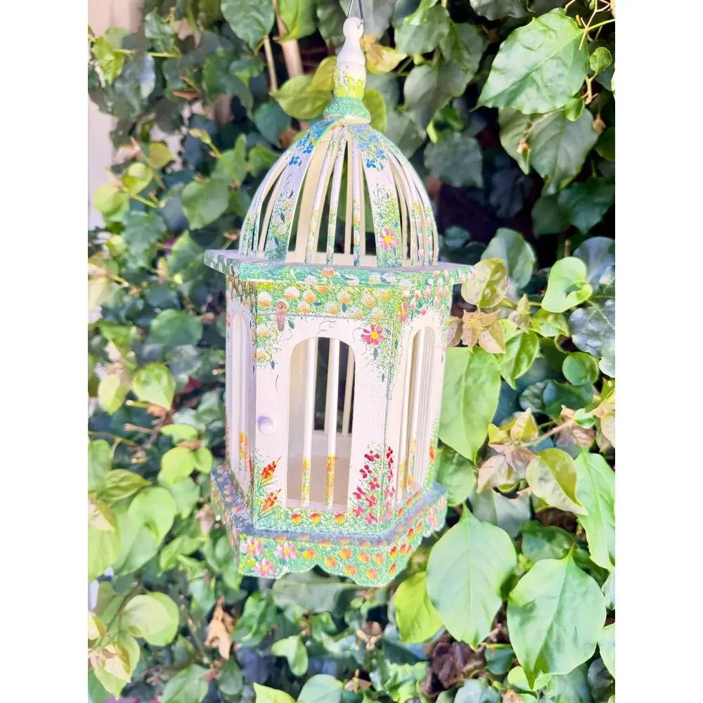 Hand Painted Wood Floral Birdcage Hanging Decor Folk Art Cottagecore Grandmacore